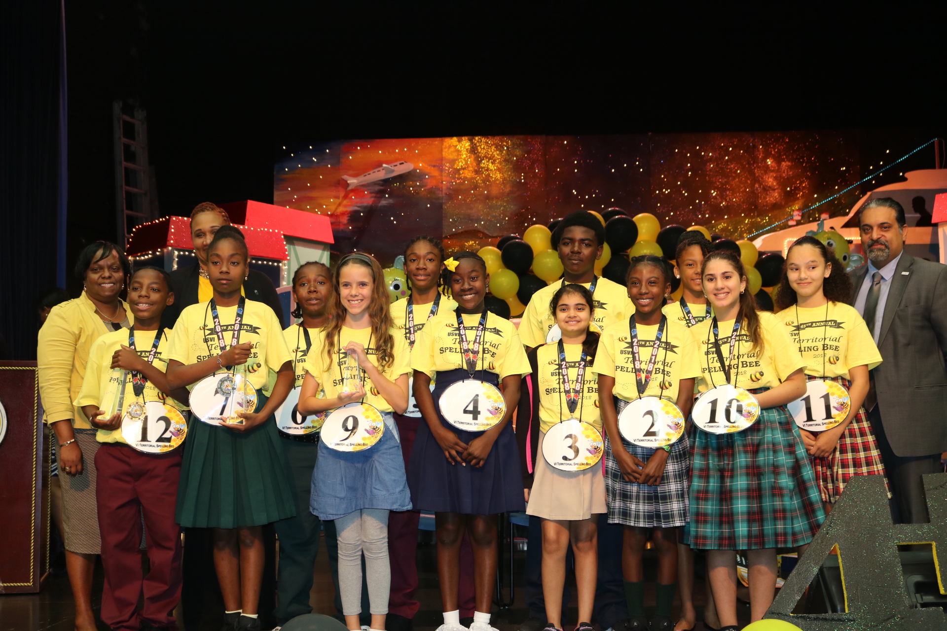 Spelling Bee Participants with Superintendents Colleen Williams and Dionne Wells-Hedrington and United Way USVI CEO Vinod Dadlani.jpeg